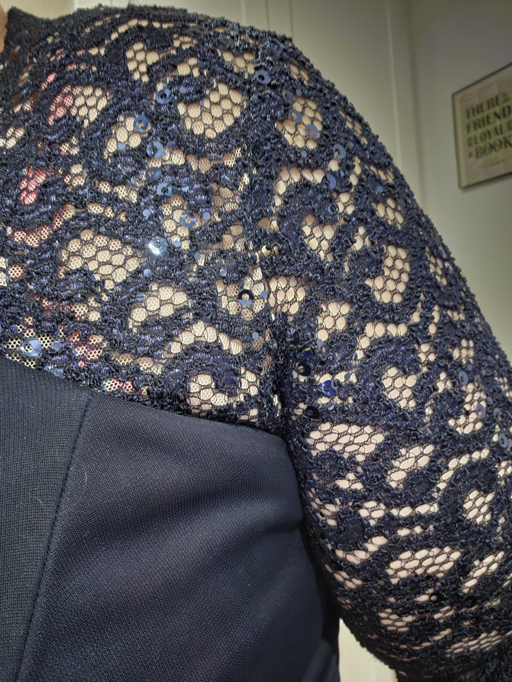 NWOT Xscape Navy Scoop Neck, Lace Bell Sleeve, Dress/Gown Size 16 - Picture 7 of 9